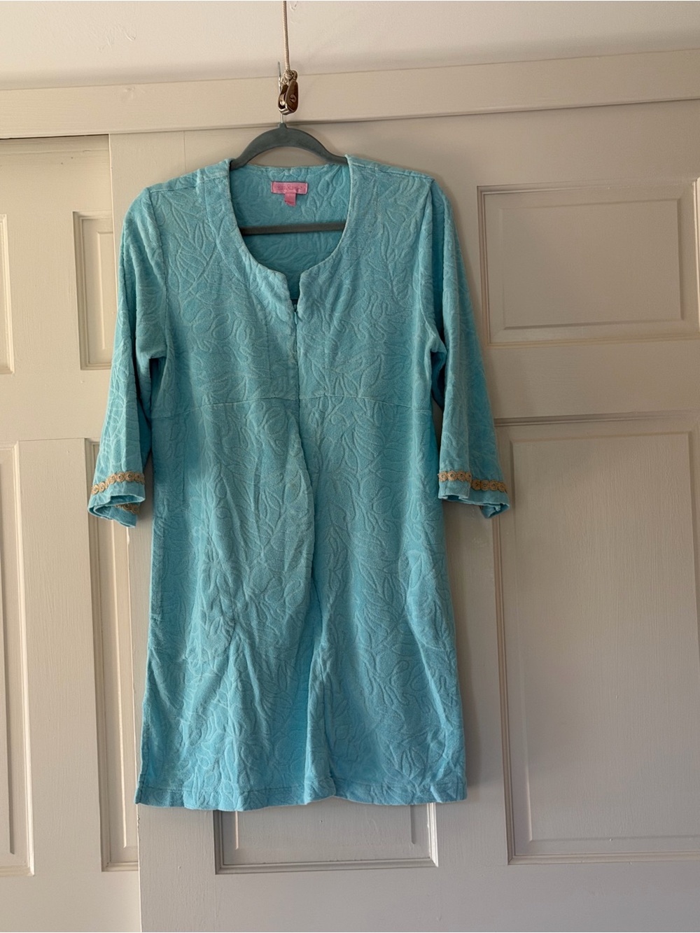 Lilly Pulitzer Light Blue Embossed Long-Sleeve Tunic Dress with Gold Trim